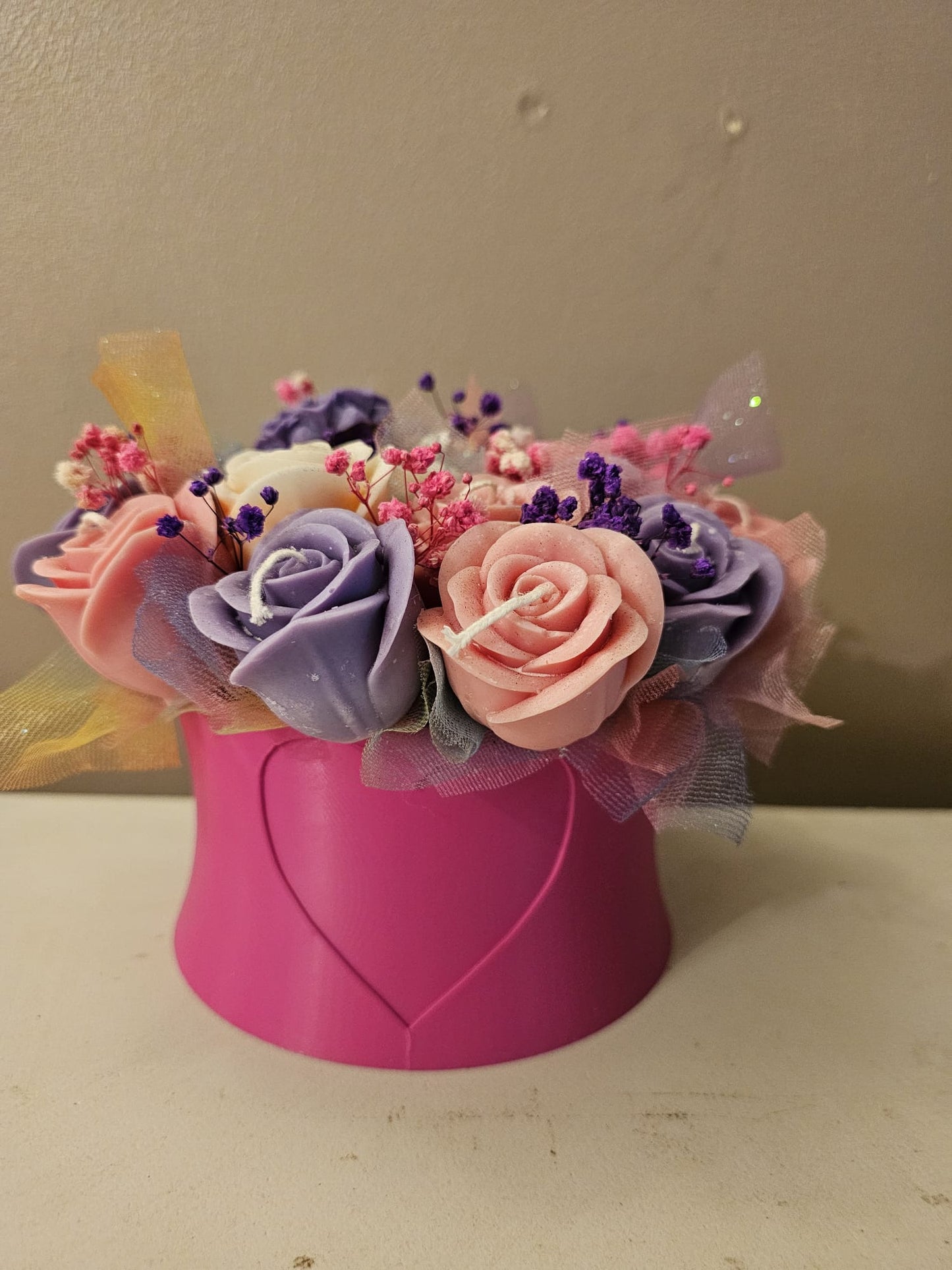 Pink & Purple Soy Wax Rose Candle Bouquet – Gift Set